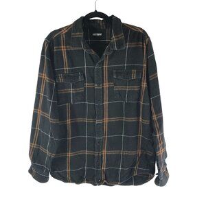 Hot Topic Mens Flannel Shirt Button Down Long Sleeve Plaid Black Orange M?